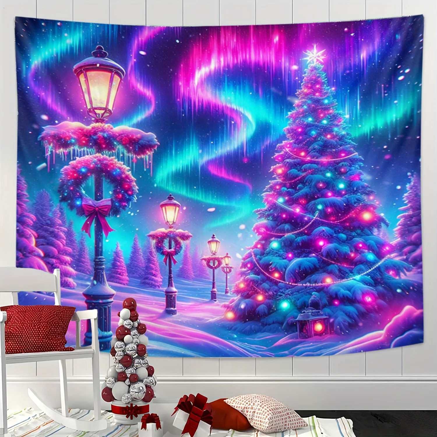 VIKAMA Aurora Christmas Tapestry Snowy Christmas Tree Holiday Living Room Theme Winter Room Decor Living Room AccentsM251125