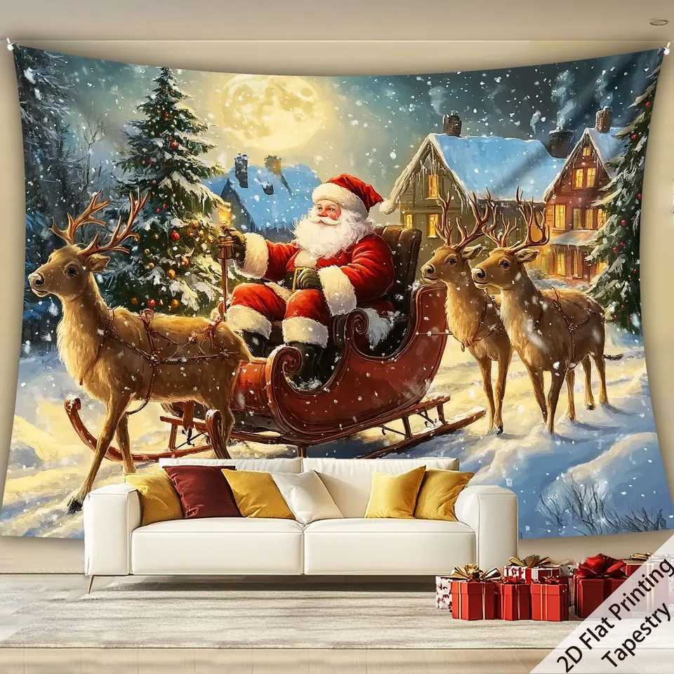 Winter Wonderland Tapestry Large Santa Sleigh with Reindeers Polyester Wall Decor for Indoor Outdoor Christmas Party BackgroundM251125