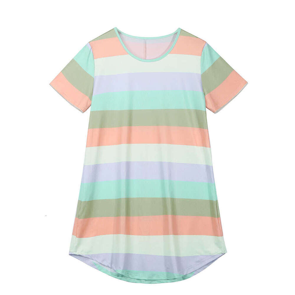 European American spring and summer short sleeved rainbow striped loose T-shirt pama dress plus size 2025 new casual versatile fashion clothing