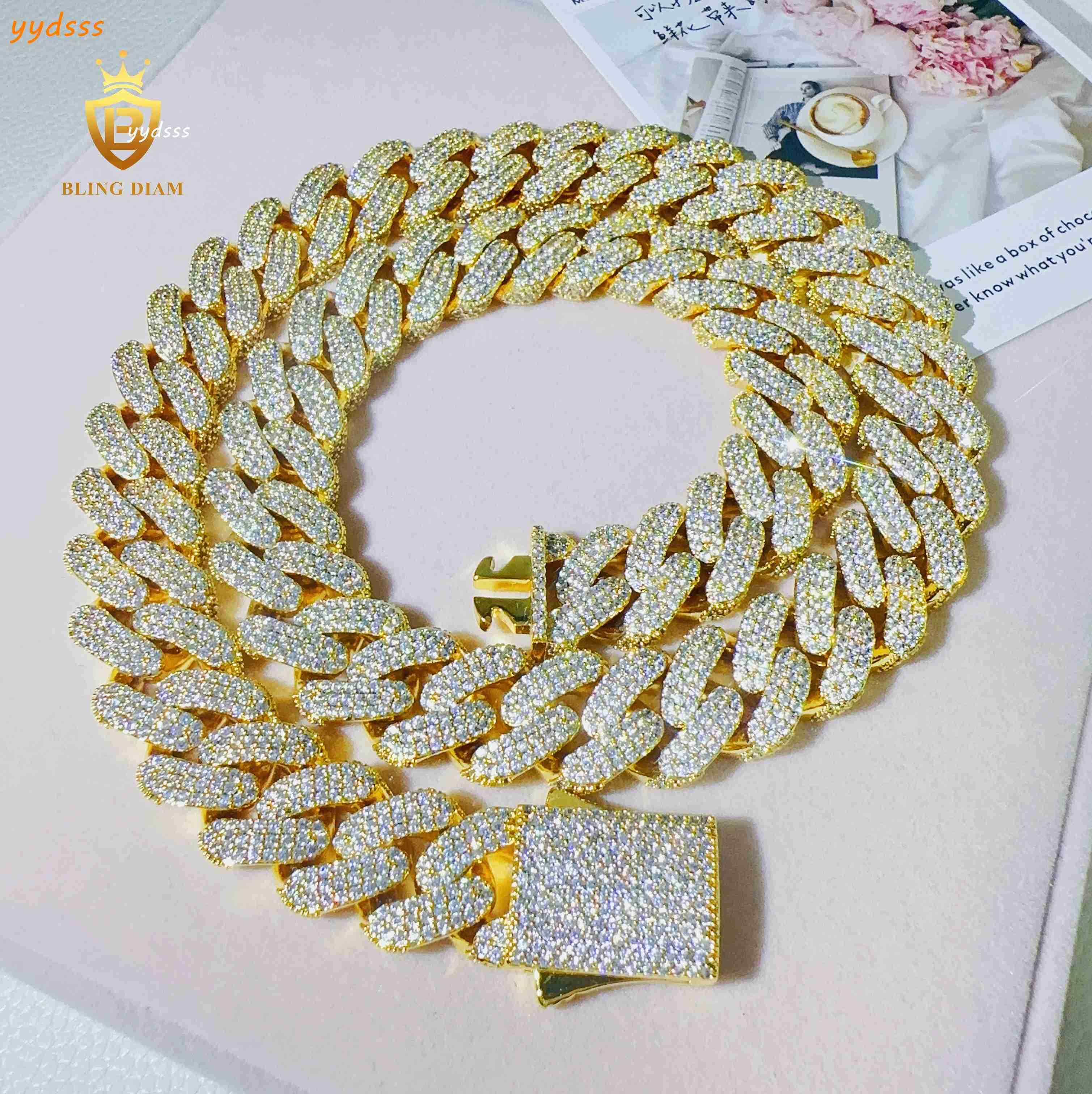 Fashion Jewelry 18mm 3rows AAAAA+ Moissanite Cuban Link Chain Fashion Spring Clasp Necklace