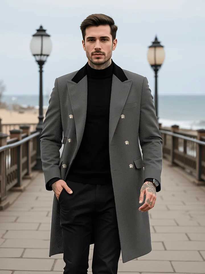 Mens Double-Breasted Wool Overcoat Thickened for Extreme Cold Patchwork Windbreaker Coat Windproof Street Style TailoringT251125