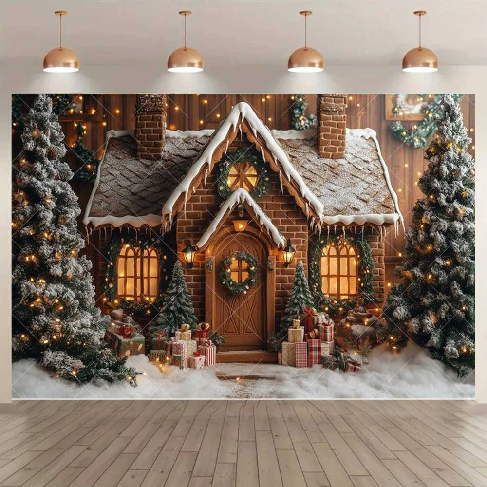 Gingerbread House Christmas Theme Photography Backdrop Gift Box Christmas Tree Home Party Banner Photo SuppliesM251125