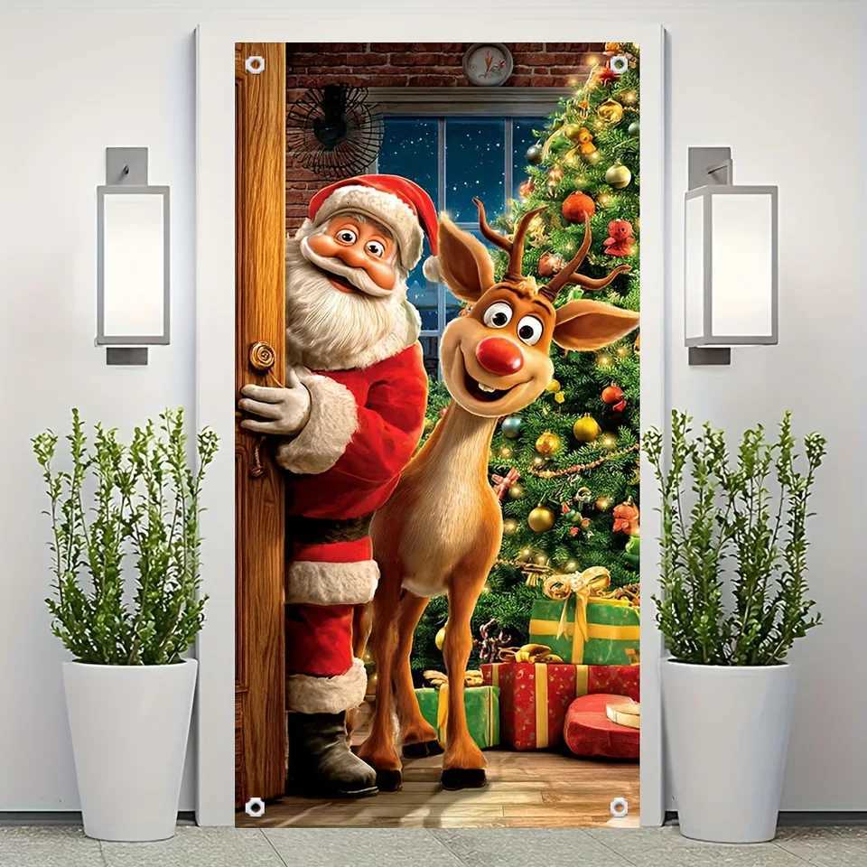 2D Door Banner 1 Piece Santa Claus and Reindeer Christmas Design Door Banner Perfect for Holiday Home DecorationM251125