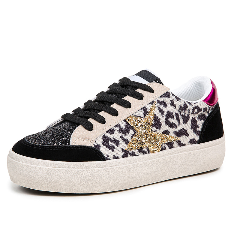 Free shipping women's leopard print sneakers gold star sequins pink heel black patchwork fashionable comfortable versatile daily wear sports casu