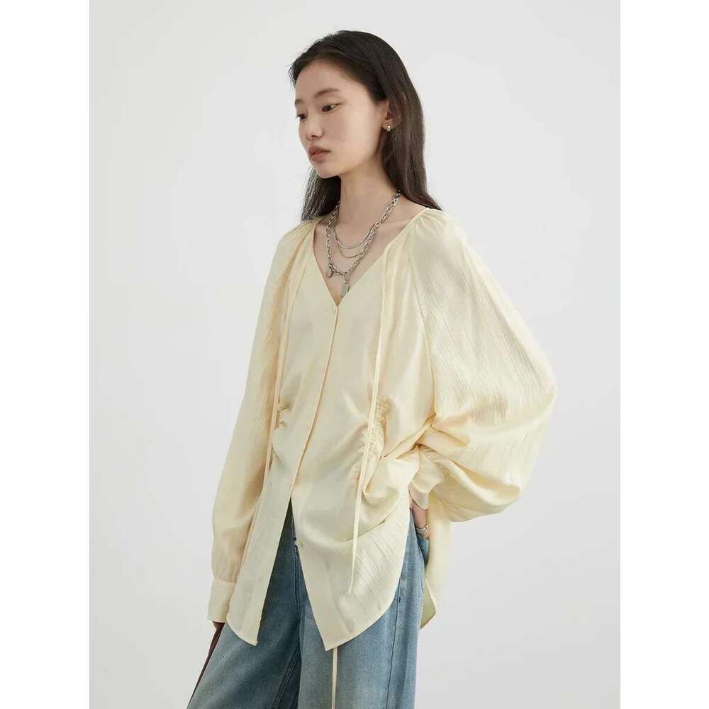CHIC VEN Women Loose Lace Up Shirt Solid New Korean V-Neck Pleated Raglan Long Sleeved Blouses Female Tops Spring Summer 2025