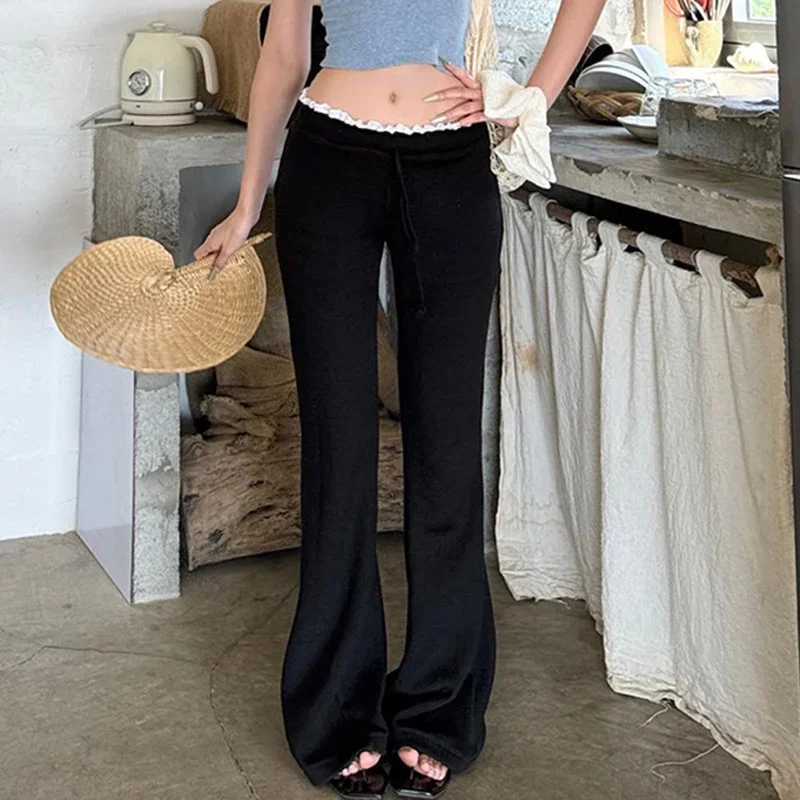 Y2K Sweet Contrast Ruched Lace up High Waist Flared Pants Womens Casual Slim Fit Elastic Sports Pants TrouserC250425