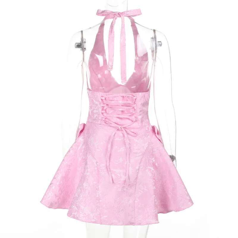 Dongdumaoyi Townlike Jacquard Waist Wrap A Line Dress Women Halter Mini Spring Summer Bow V Neck Backless Sexy Party Dresses