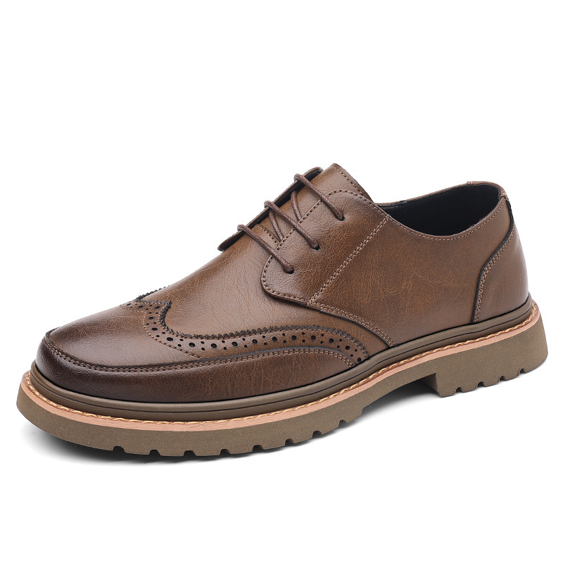 Free shipping men's brown leather brogue shoes thick soled comfortable breathable anti slip lightweight durable versatile daily wear retro dress 