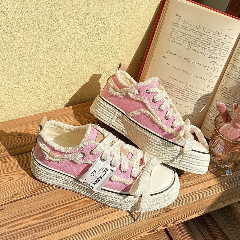 Baikuang 2022 New Autumn Small Fragrance Style Canvas Shoes for Women Low-top Korean Version Versatile Thick-soled Height-increasing White Shoes Trend