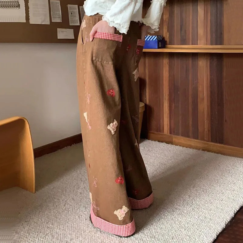 Jmprs Retro Bear Embroidered Jeans Womens Casual Bag Straight Trouser Y2K Lace Plain Splicing Denim Pants Womens 250422