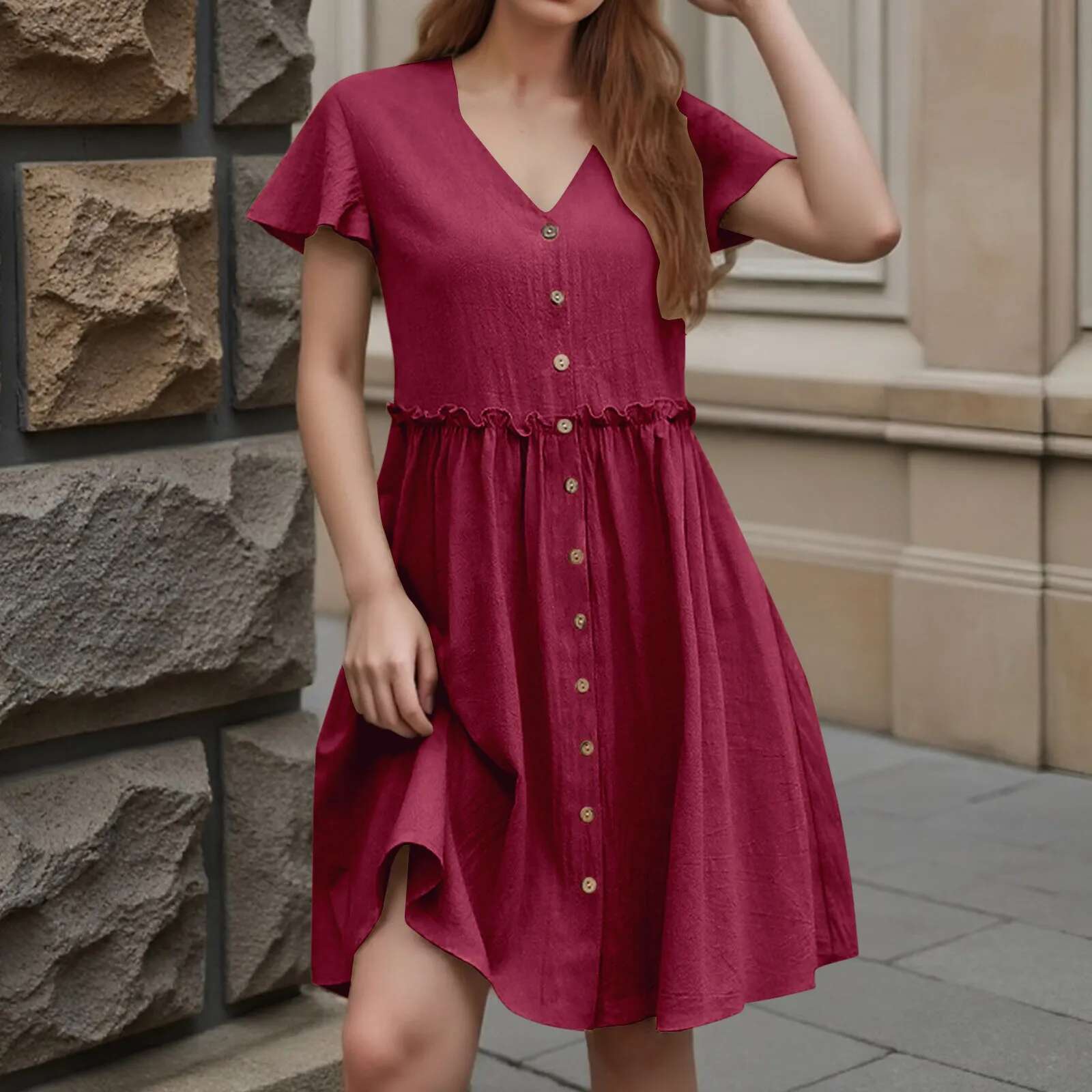 Dongdumaoyi New Spring Summer Women Mini Dresses Fashion V Neck Ruffled Short Sleeve Dress Holiday Style Ladies Casual