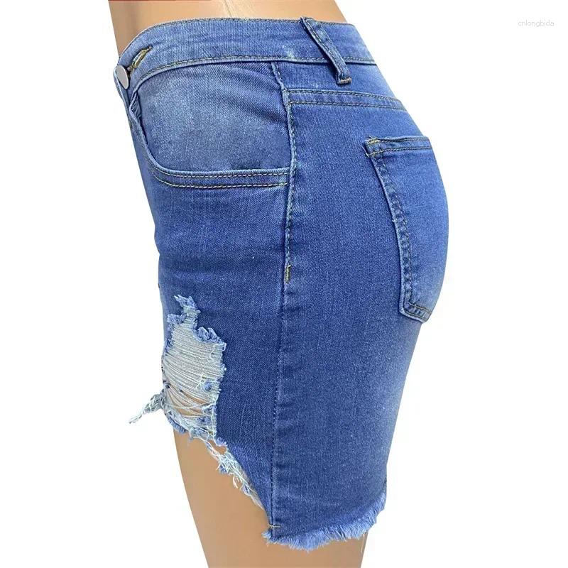 CNLONGBIDA Women's Shorts Fashion Slanted Waist Button Splicing Denim Women Summer Broken Holes Tassel Three Quarter Pants Female Casual Mini Jea
