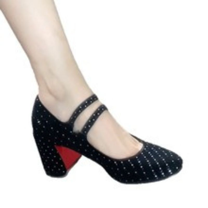 Women's Black White Dot Embellished Double Strap Mary Jane Block Heel Shoes, Party Casual Footwear---168-8