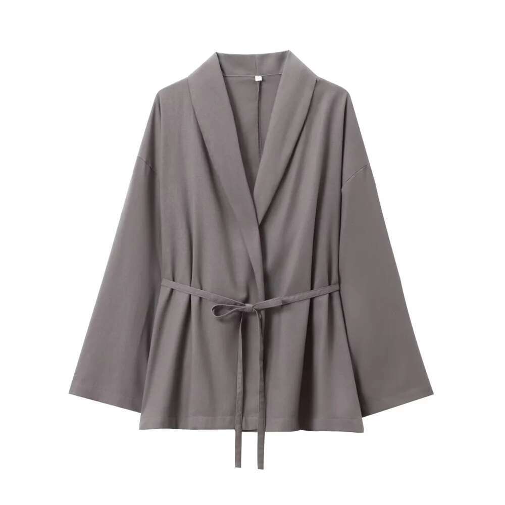 2024 Autumn New Women's Casual Wear With Belt Texture And Kimono Outerwear Pama Style Wide Leg Pants Set