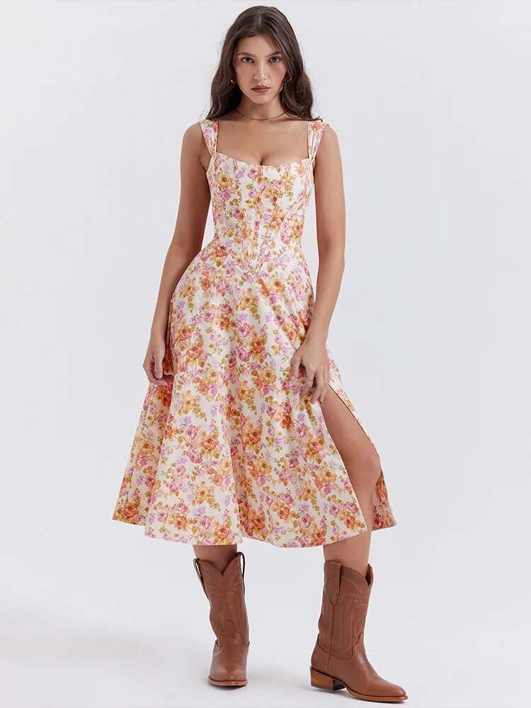 Dongdumaoyi Townlike Off Shoulder Midi Long A Line Dress Women Spaghetti Strap Spring Summer Print Split Sexy Party Dresses