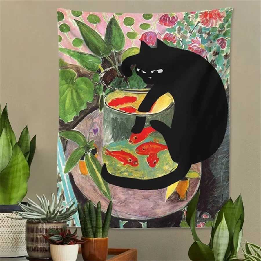 1pc CURIOUS KITTY Tapestry Wall Hanging Cat Goldfish Aesthetic Room Decor Tropical Plants Art Painting Print Dorm Bedroom GiftM251125