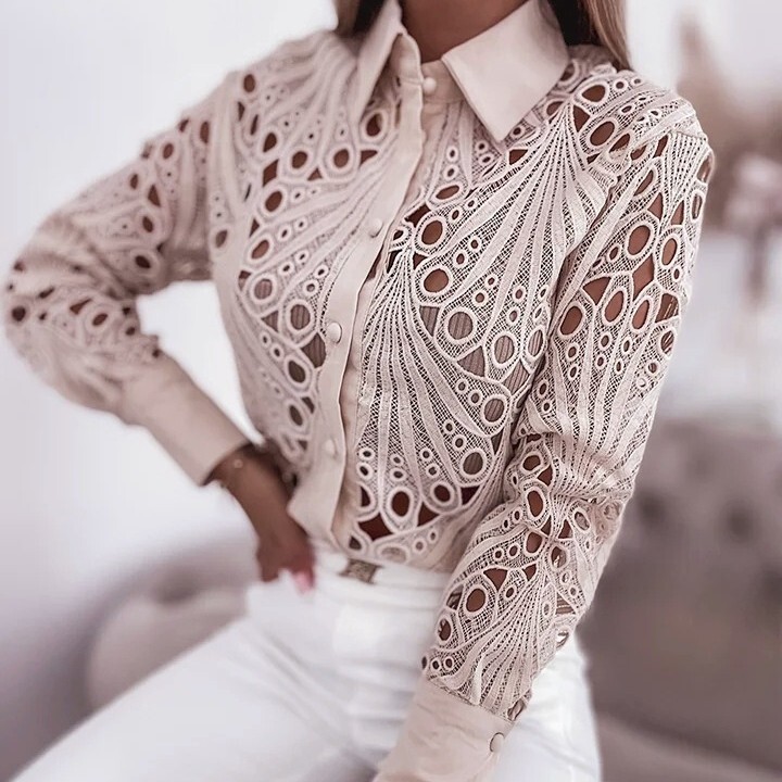 2024 Spring and Autumn Versatile Commuting Fashion Lace Hollow Long Sleeve Shirt for Women