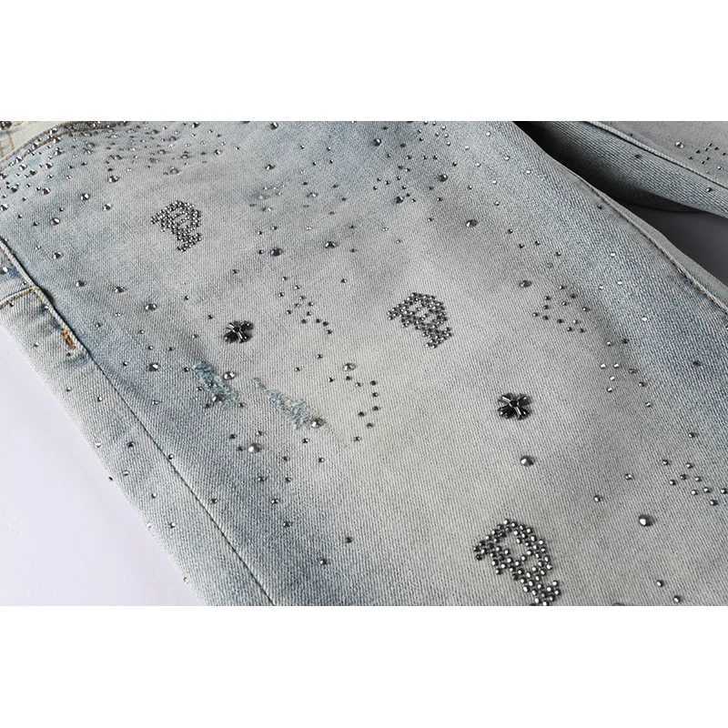 Fashion New Arrivals American High Street Distressed Blue Skinny Rhinestones Letters Button Fly Jeans Pants Y251124