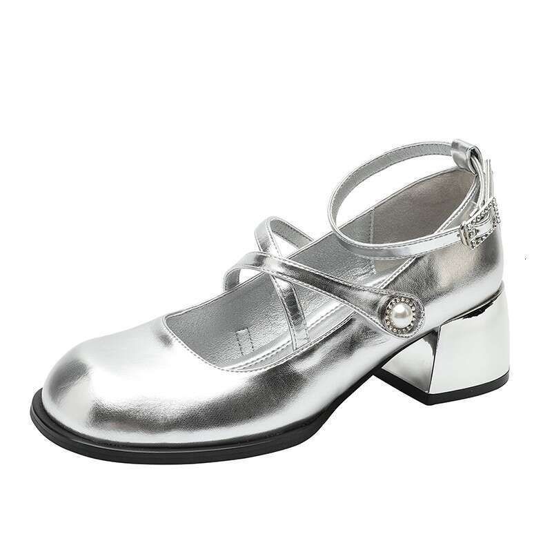 Silver French single shoe square toe Mary Jane college style small leather shoes, elegant