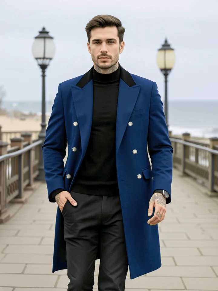 Mens Double-Breasted Wool Overcoat Thickened for Extreme Cold Patchwork Windbreaker Coat Windproof Street Style TailoringT251125