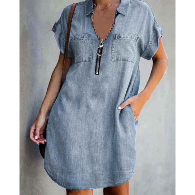 Dongdumaoyi New Loose Fit Denim Short Sleeve Turn Down Collar Fashion Shirt Dress For Women C