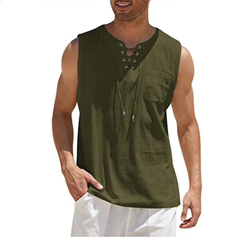 1 piece of summer mens casual shirt without pleats vest with lace retro V-neck fashionable loose shirt mens solid color vest 250422