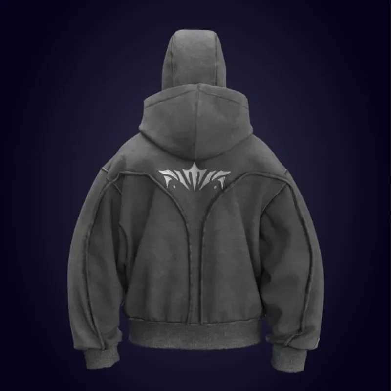 Y2K Harajuku Ninja Zipper Hoodie Oversized Embroidery Washed Double Hat Sweater American Streetwear Gothic Mens Top M250425