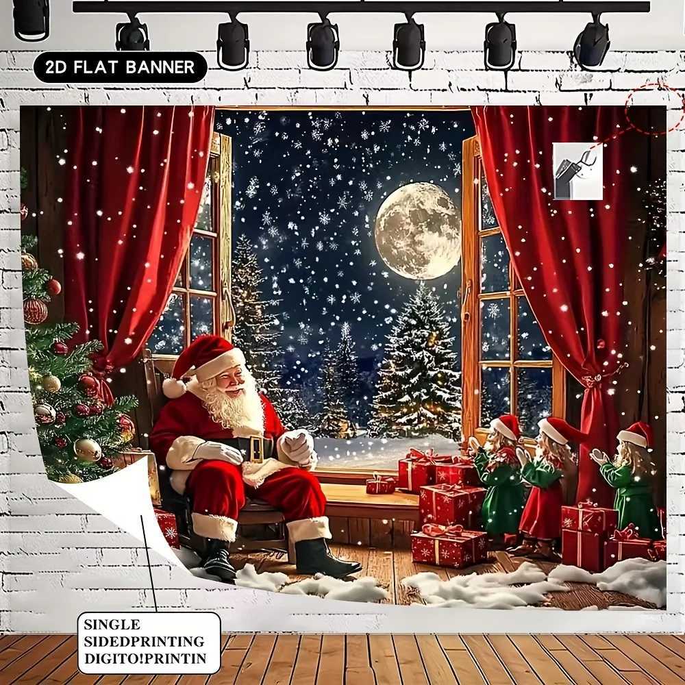 Santa Claus Christmas Tree Tapestry Moonlit Night with Red Curtains and GiftsFestive Wall Art for Holiday Home and Party DecorM251125