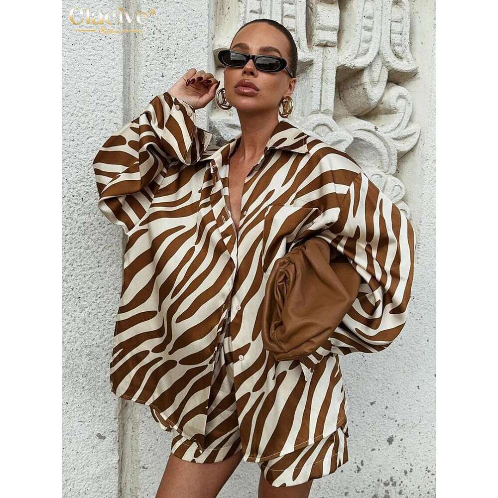 Clacive Fashion Loose Stripe Print 2 Piece Sets Women Outfit 2024 Elegant Long Sleeve Shirt With High Waist Shorts Set Female