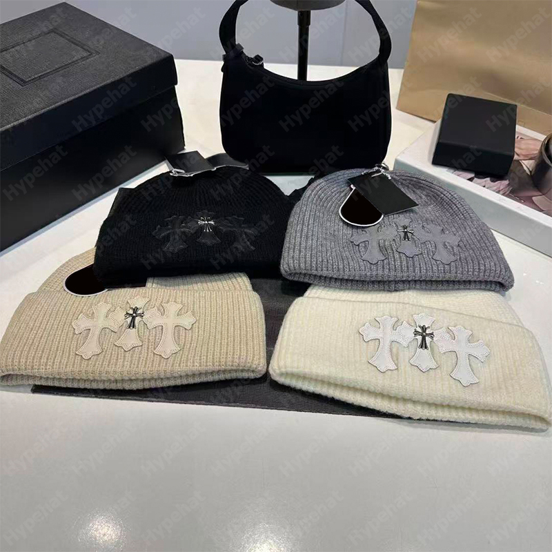 Gothic Knit Beanie with Cross Patch & Metal Decor - Luxury Unisex Designer Hat for Winter Streetwear Fashion MX1642