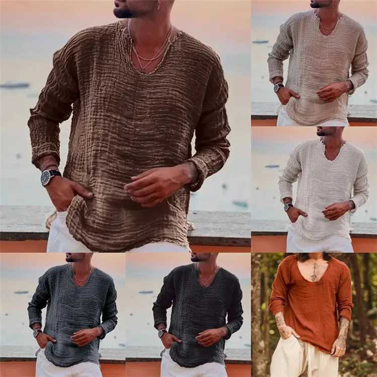Fashionable mens spring and autumn fashionable young linen casual loose V-neck T-shirt washed with rough edged long sleeved shirt W250425