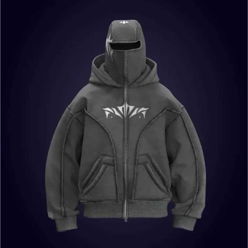 Y2K Harajuku Ninja Zipper Hoodie Oversized Embroidery Washed Double Hat Sweater American Streetwear Gothic Mens Top M250425