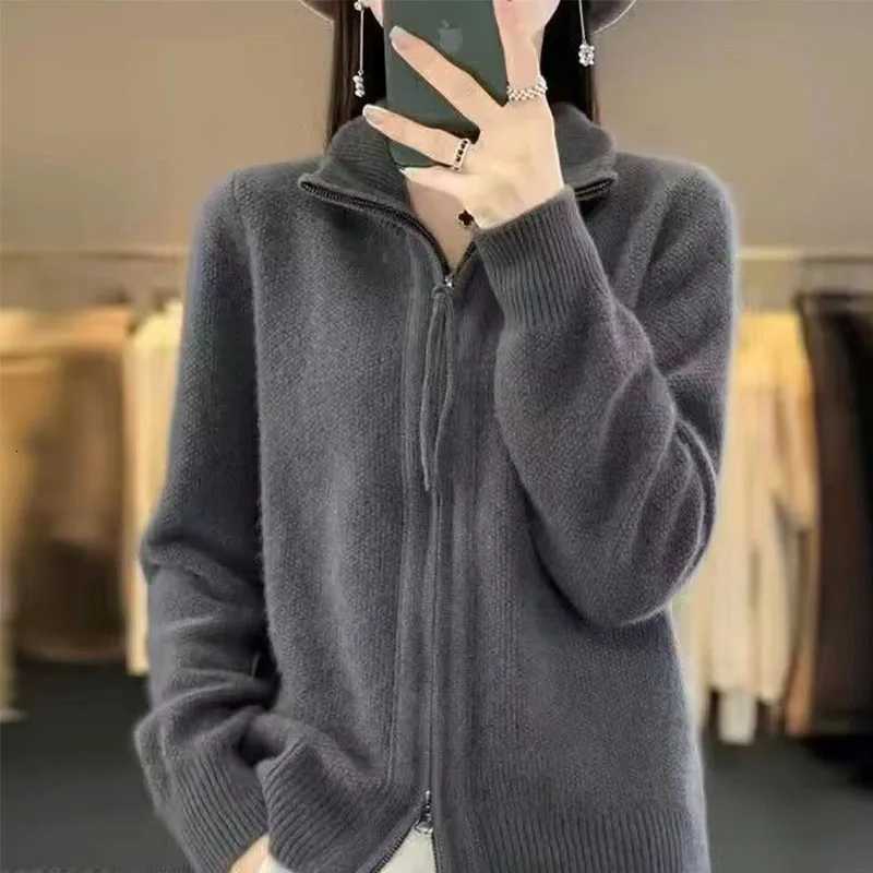 Autumn And Winter New Temperament Double Zipper Wool Knit Cardigan Womens Solid Color Long-Sleeved Sweater Thickened Loose TopT251125