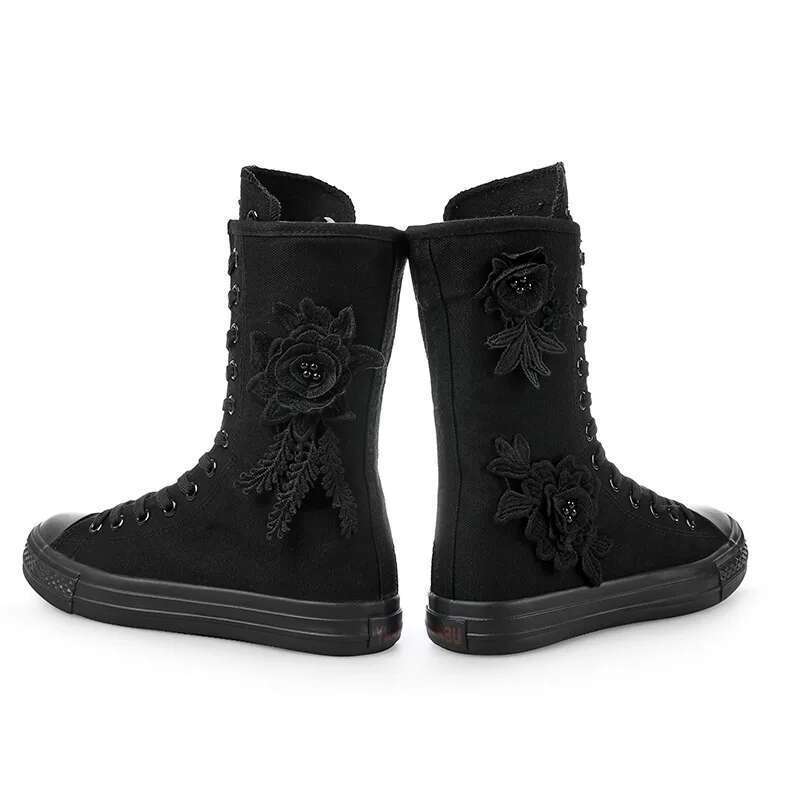 Autumn medium embroidery lace-up side zipper flat boots casual canvas inner heightening plush large size women's shoes