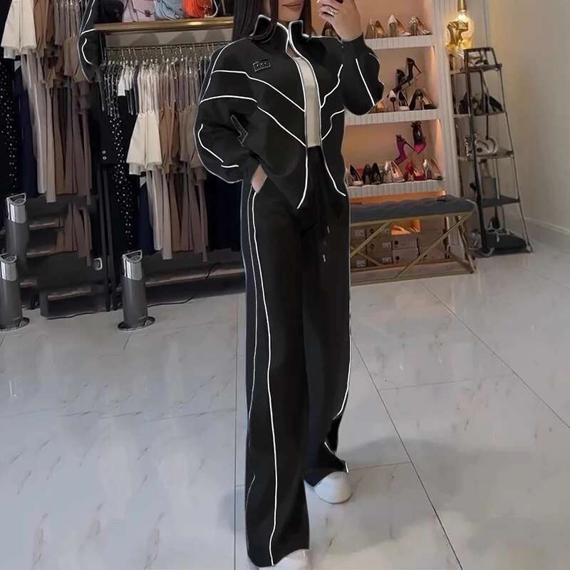 Spring Autumn Two-Piece Women Stand-Up Collar Long Sleeve Zipper Coat+High Waist Lace Up Straight Wide Leg Pants Set Outfits