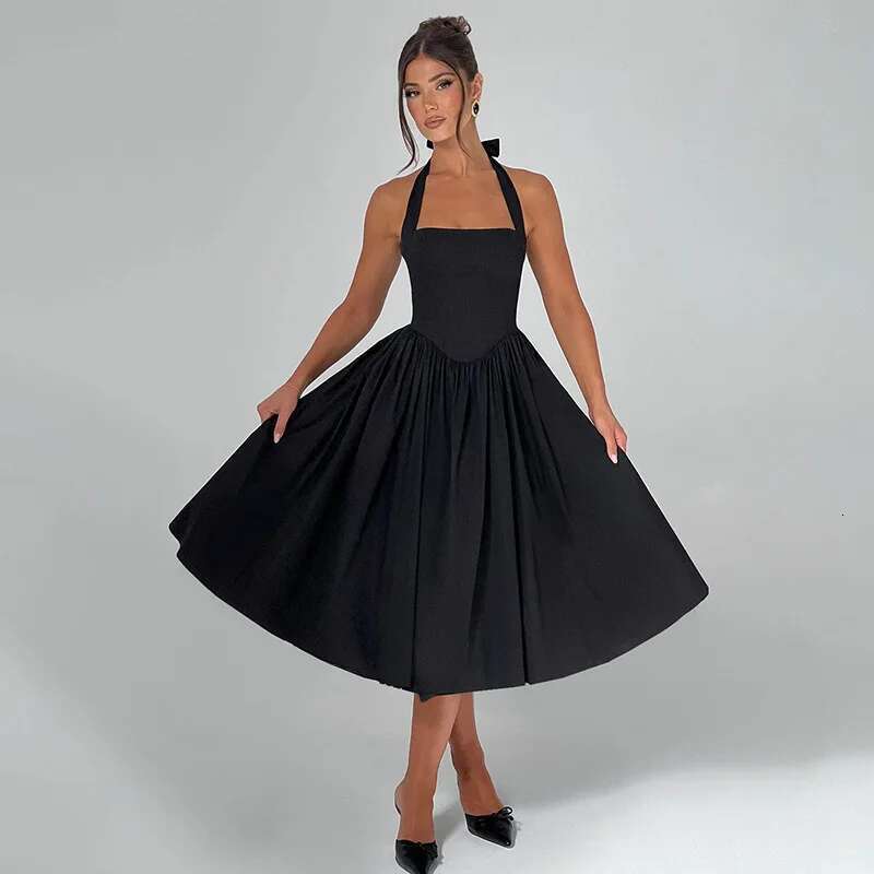Dongdumaoyi Townlike Waist Wrap A Line Pleated Dress Women Halter Summer Midi Long Backless Nightclub Sexy Party Dresses