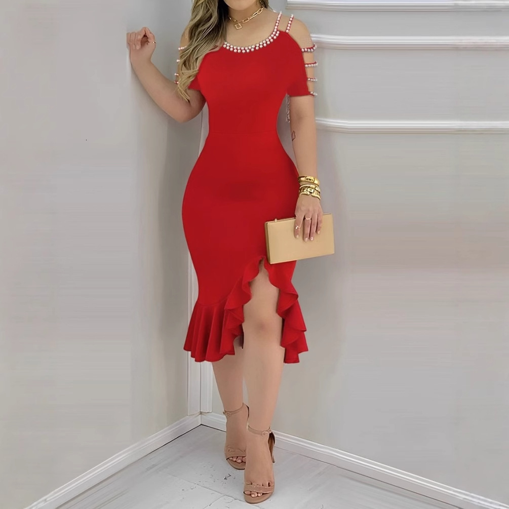 2024 Summer Tight Ruffle Split Pearl Decorative Dress for Women