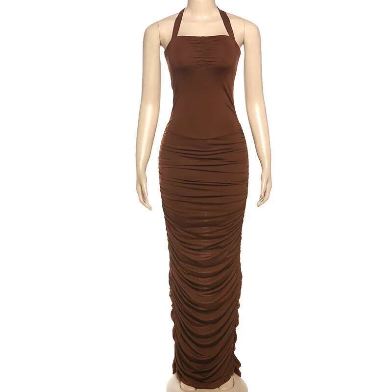 Dongdumaoyi Townlike Maxi Long Slim Bodycon Pleated Dress Women Halter Spring Summer Backless Nightclub Sexy Party Dresses