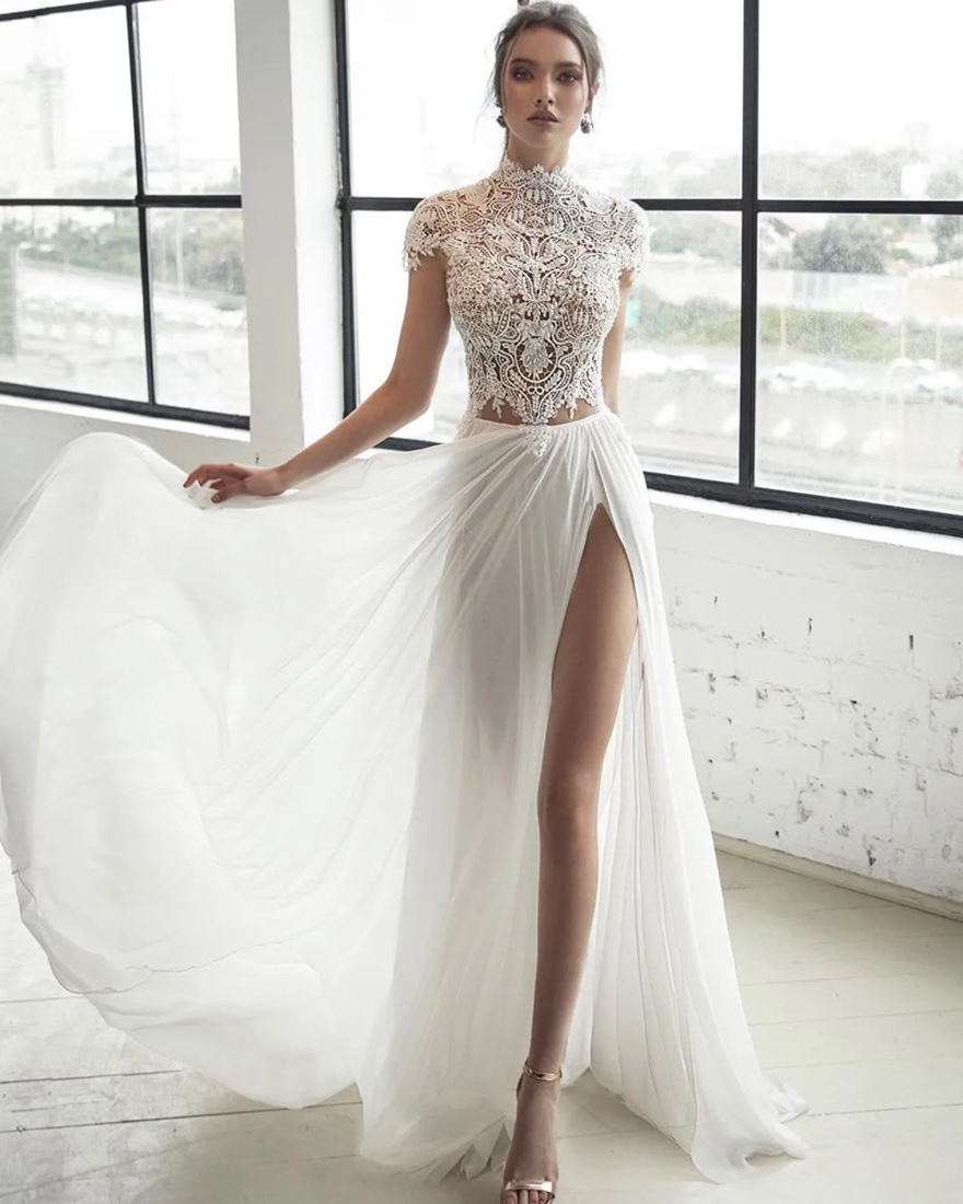 Lace Boho Beach Wedding Dresses Beaded High Neck Bohemian Bridal Gowns A Line Side Split Chiffon Vestido De Novia