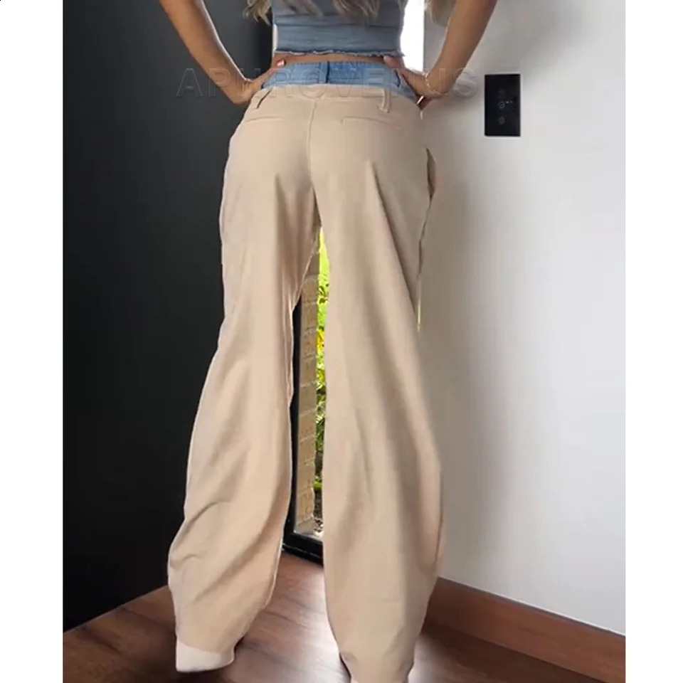 Fashionable womens jeans ultra-thin waist patch color lock high waist long stretch denim pants straight triple pants wide leg jeans 250422