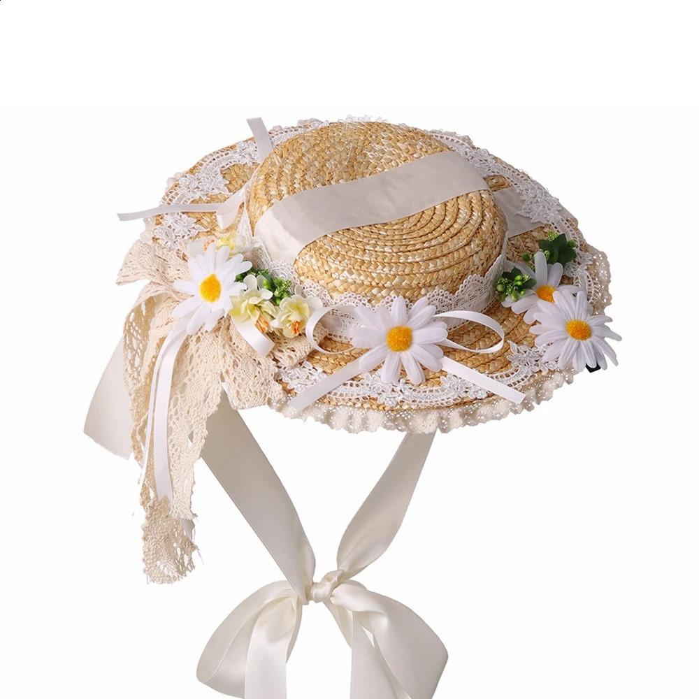 Lolita Straw Hat Women Girl Victorian Pastoral Style Lace Bonnet Hat for Costume Tea Party Flat Cap 250420