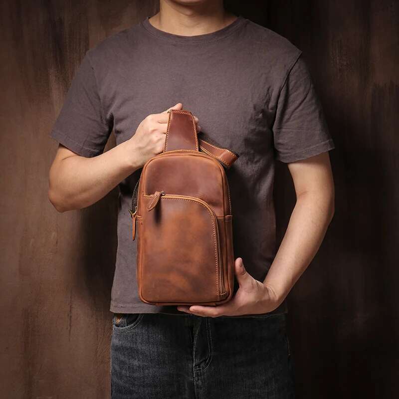 LUOKIR Vintage Crazy Horse Chest Genuine Leather Sling Shoulder Bag High Quality Sports Backpack Messenger Crossbody Bags