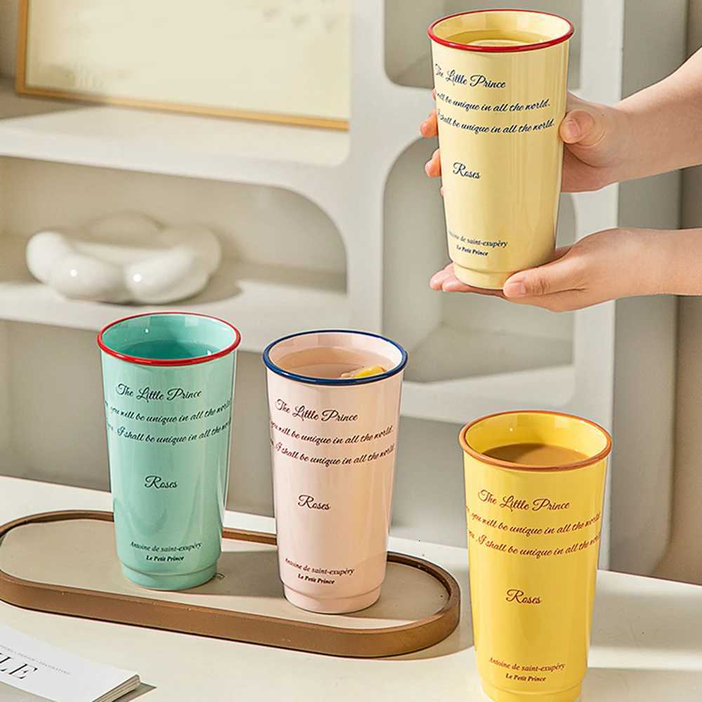 Texture Ceramic Handle Cup 580ml Letter Print Contrast Color High Coffee Mug Household Afternoon Tea Pigmented Drinkware Y251125