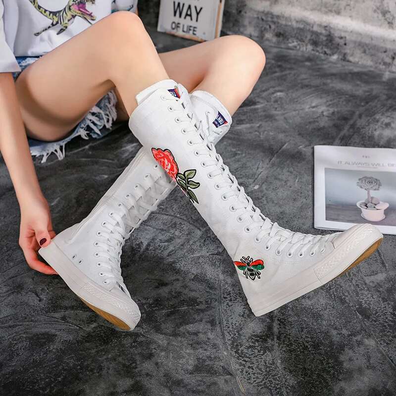 Spring and summer new long tie side zipper knee boots casual flat inner heightening large size embroidered canvas women's shoes