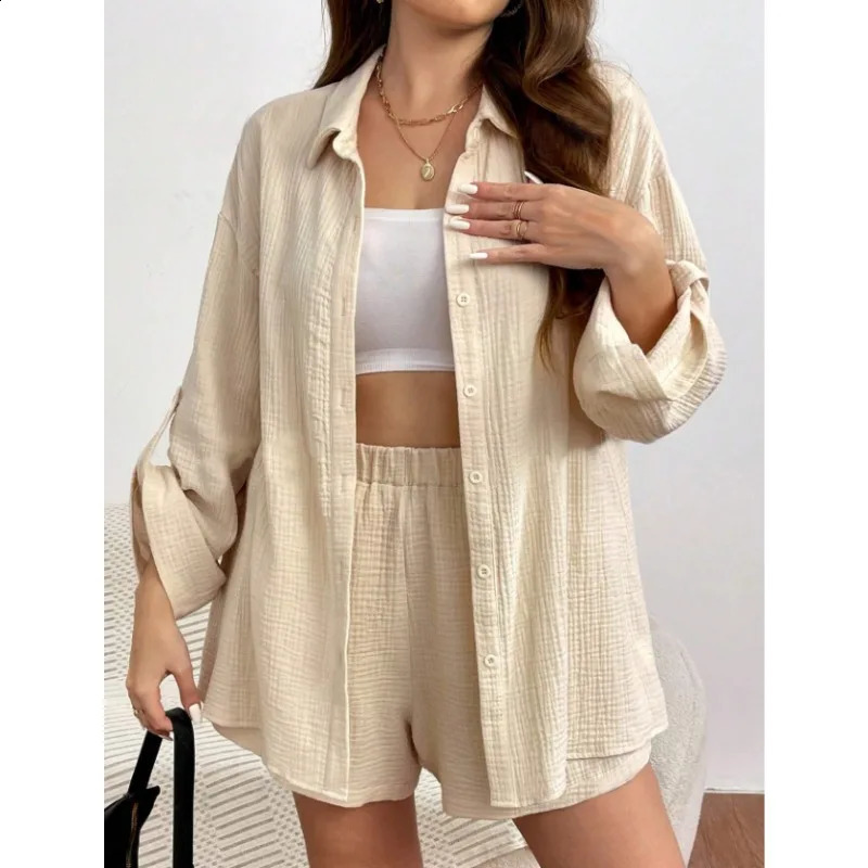 Solid color casual loose womens shorts set elegant summer womens two-piece set full set womens clothing 250422