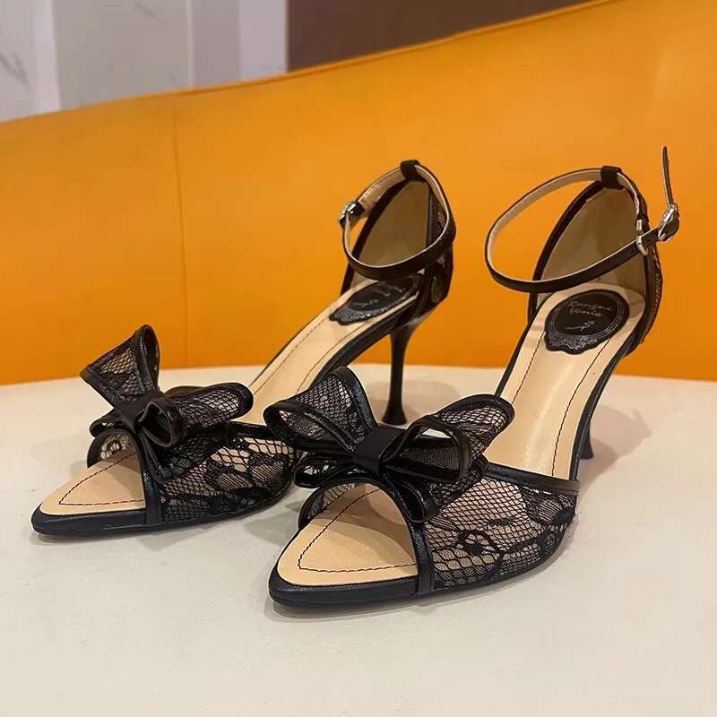 Summer new pointed fish mouth lace mesh bow stilet-heeled high-heeled banquet dress versatile bag-heeled women's sandals