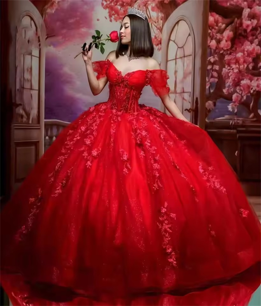 Ball Gown Quinceanera Dresses Glittering Red Princess XV Tulle Appliques Off Shoulder Plus Size Customized Sweet 15 16 Birthday Party Gowns Vestidos D