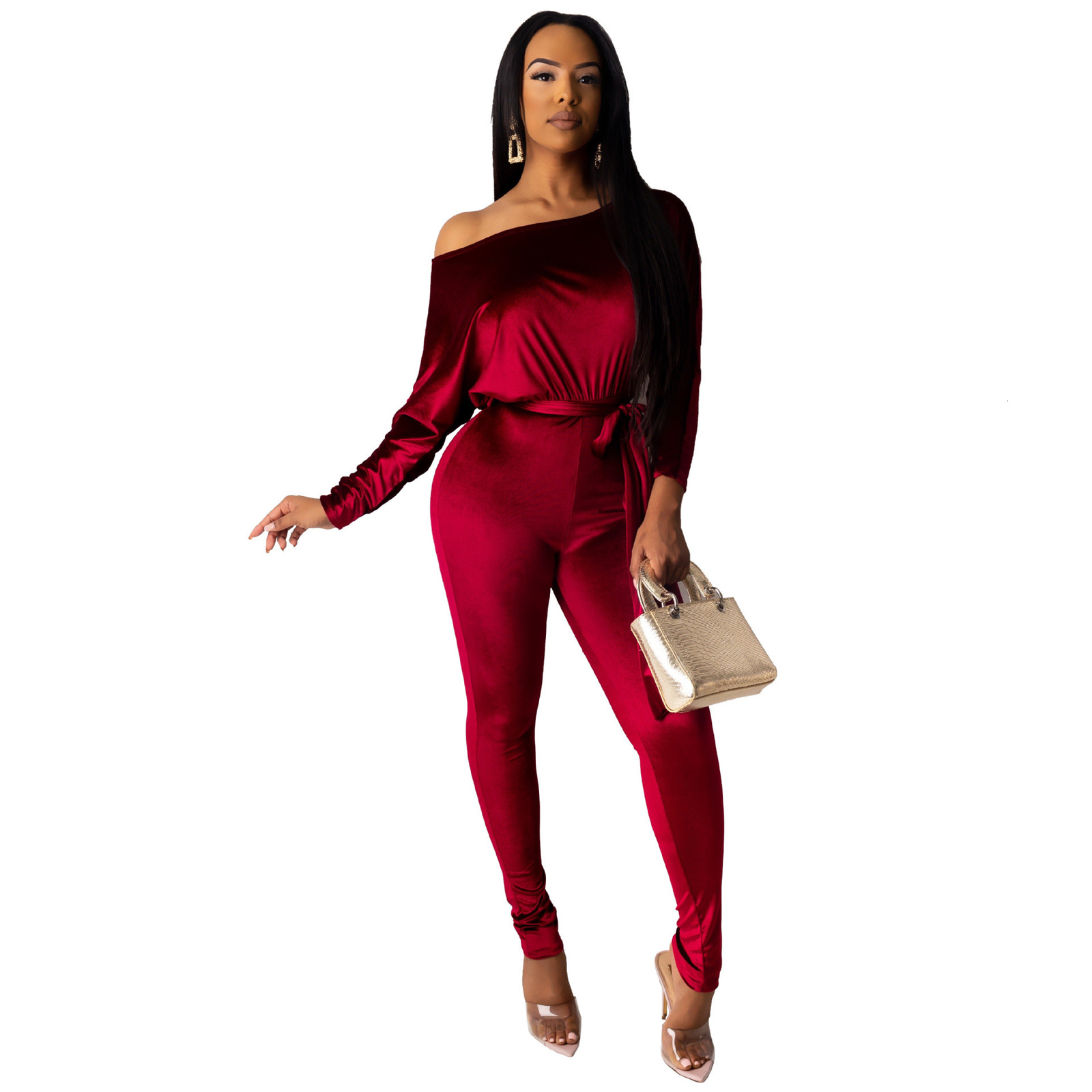 Hr8089 womens Velvet elastic one-piece pants with one shoulder bat sleeve and belt 211106