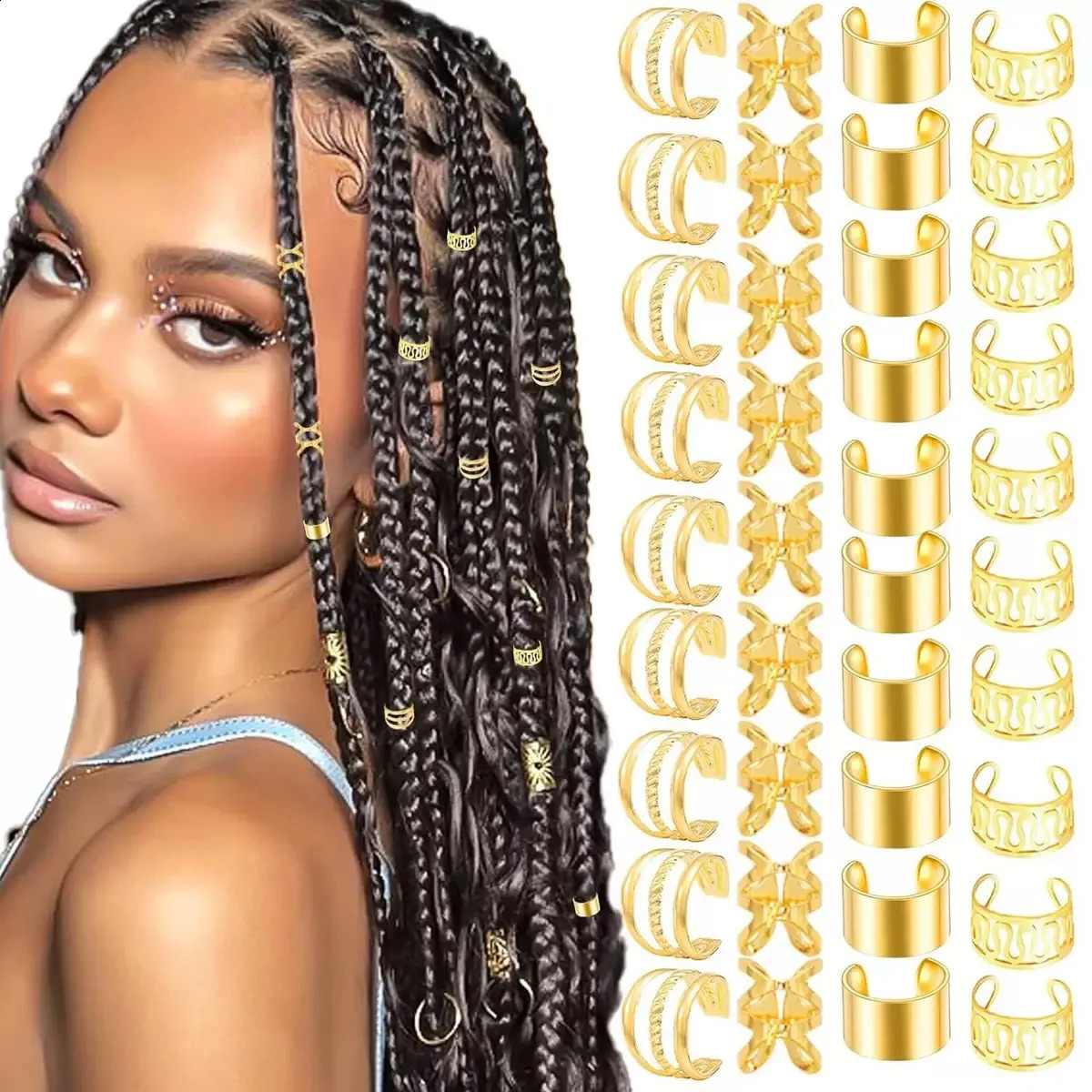40 pieces of braided hair jewelry golden cuffs multi style rings adjustable beads 250417