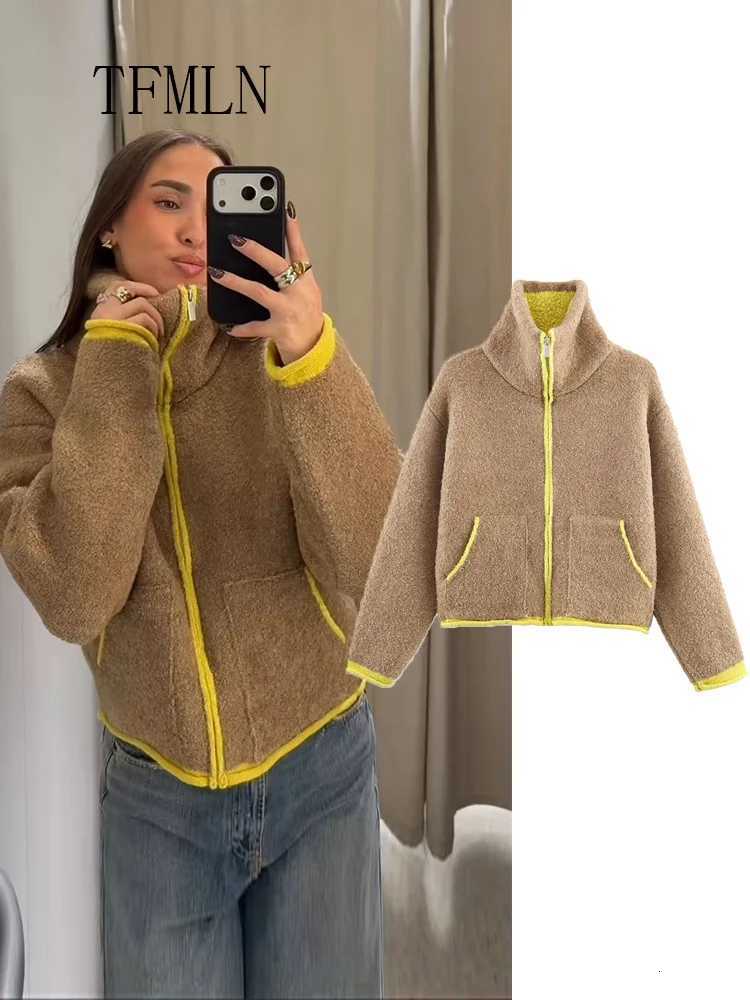 TFMLN 2025 Autumn Winter Knitted Sweater For Women Causal Stand Collar Warm Cardigan Tops Retro Loose Zipper Pockets KnitwearT251125